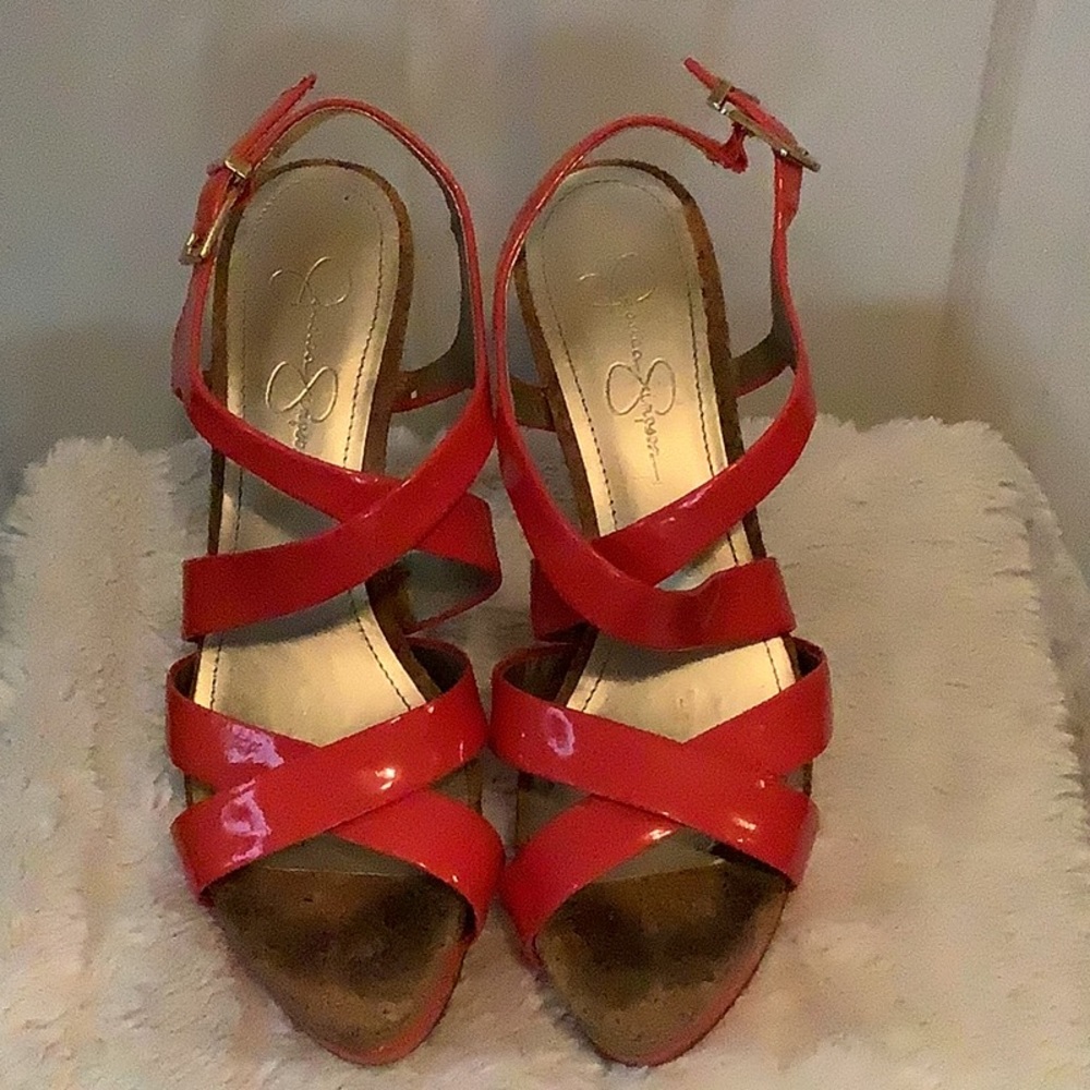 Jessica Simpson platform strappy heels. Coral color and cork. Size 9.5